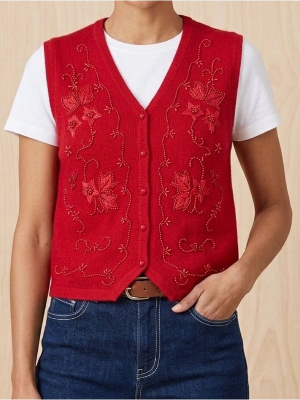 Requirements Red Floral Embroidered and Beaded Button Vest